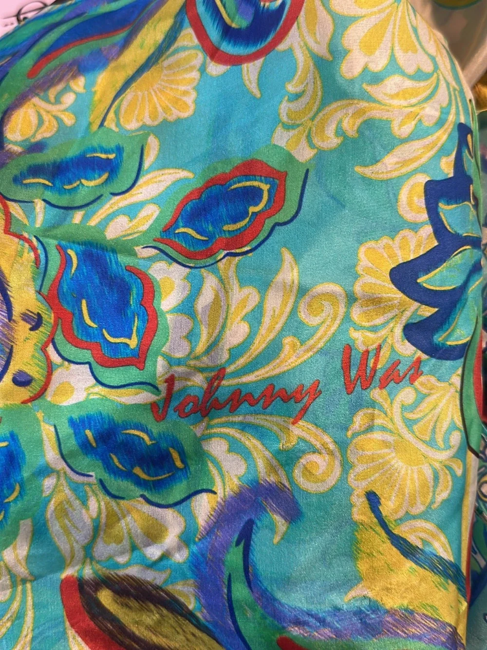Johnny Was Multicolor Floral Patchwork silk scarf Green Blue Yellow